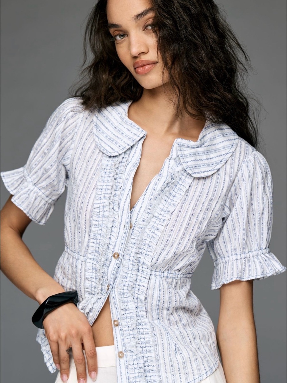 Pilcro White and Light Blue Striped Ruffle Button-Down Blouse